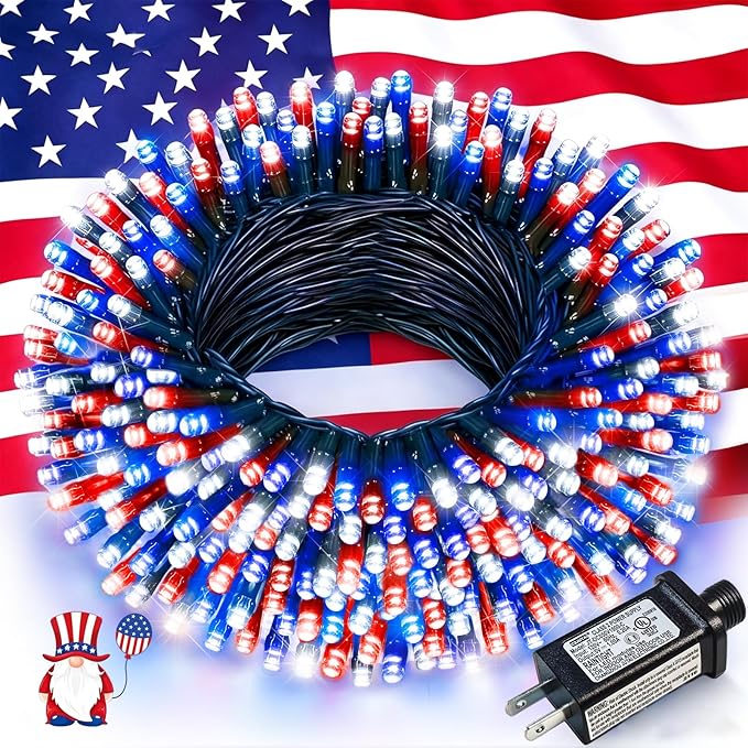 Red White and Blue String Lights, 66FT 200 LED 4th of July Lights Outdoor Waterproof, 8 Modes Connectable Plug In Patriotic Decorations Light for Indoor Independence Memorial Day Party Holiday