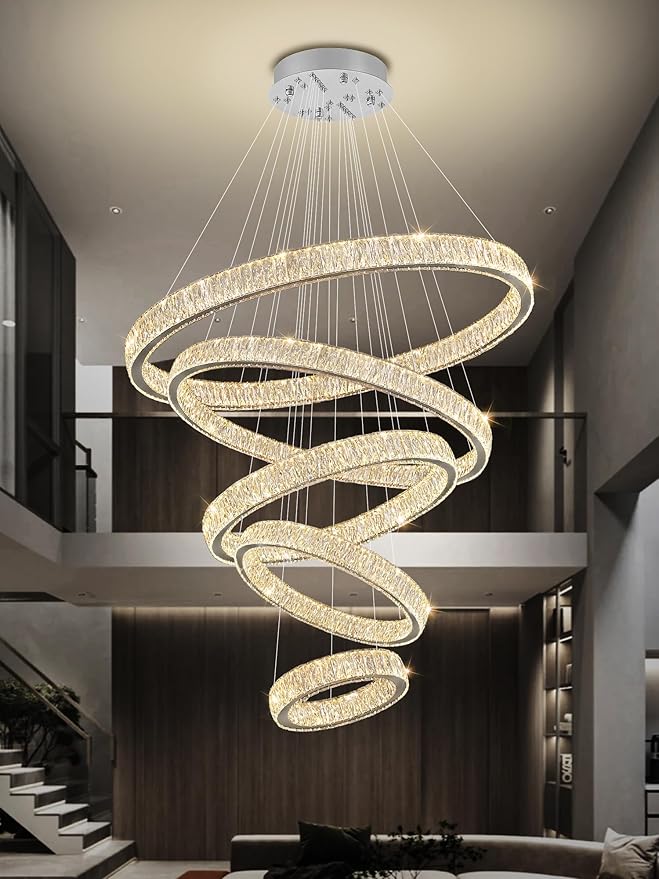 Extra Large 5 Ring Crystal Chandelier High Ceiling Chandeliers for Foyer,Modern Luxury Crystal Ring Chandelier Dimmable Led Ceiling Lighting for Staircase Villa D8''+15.7"+23.6"+31.5"+39.4"