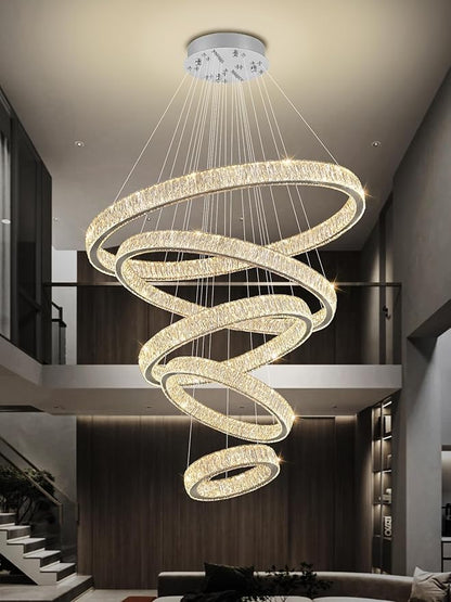 Extra Large 5 Ring Crystal Chandelier High Ceiling Chandeliers for Foyer,Modern Luxury Crystal Ring Chandelier Dimmable Led Ceiling Lighting for Staircase Villa D8''+15.7"+23.6"+31.5"+39.4"
