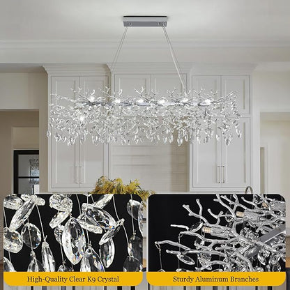Modern Rectangle Crystal Tree Branch Chandelier, L47.3'' Large Silver Linear Raindrop Indoor Hanging Pendant Light Fixture for Kitchen Island Foyer Living Room Dining Room 14 Lights