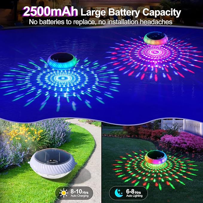 Askyli Floating Pool Lights, IP68 Waterproof Solar Pool Lights That Float, Up and Down Color Changing Solar Floating Pool Light with 7 Dynamic Lighting Effects, Floating Light for Pools,Party(1)