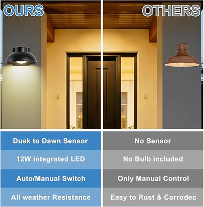 Black Exterior Light Fixtures, 2 Pack Dusk to Dawn LED Outdoor Wall Lights, 12W Integrated 3000K Farmhouse Barn Sconce, Waterproof LED Porch Lights Outdoor for Front Door, Garage, Entryway