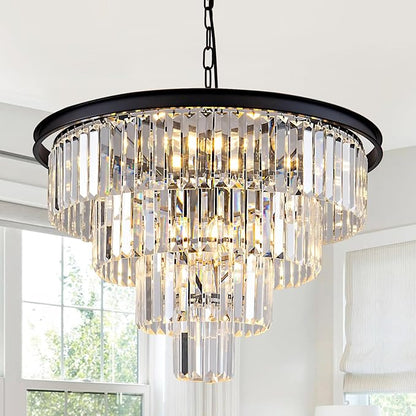 10 Light Black Crystal Chandelier 24'' Modern Round Chandeliers for Dining Room Contemporary Ceiling Pendant Light Fixture 4-Tier Adjustable Height E12 for Living Room Foyer Entryway