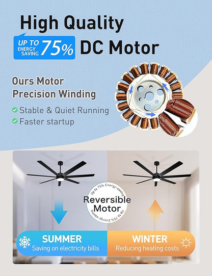 65 Inch Black Smart Ceiling Fan with Light and Remote via WIFI Alexa APP Control,Dimmable,Quiet DC Motor Indoor Outdoor Ceiling Fans for Patios or Bedroom