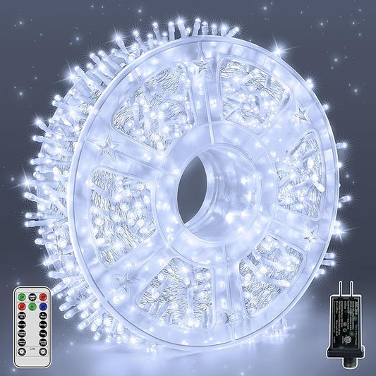 Guhope Christmas Lights 600LED 98FT, Waterproof Outdoor String Lights with Remote and Timer, 8 Modes Dimmable Fairy Lights for Indoor Outdoor Wedding Party Holiday Decorations (Cool White)
