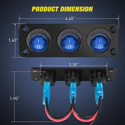 Nilight 3 Gang Rocker Switch Panel 12V Waterproof On-Off Toggle Switches with Blue LED Light Three Pin for Automotive Lights Marine Boat Car Camper Truck Vehicles