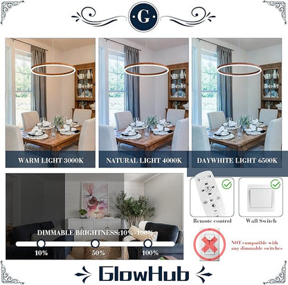 GlowHub Modern LED Chandelier, Wood Grain 1-Ring LED Pendant Light Fixture with Remote Control, Farmhouse Round Chandelier for Dining Room, 20 Inches Circle Hanging Light for Foyer Kitchen