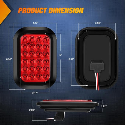 Nilight 5” X 3” Rectangular Trailer Tail Light 2 PCS Red 24 LED Stop Brake Turn Marker Lights w/Flush Mount Grommets Plugs IP67 Waterproof for 12V Truck ATV UTV Bus RV Camper