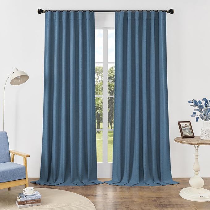 DUALIFE 100% Blackout Linen Blue Curtains for Bedroom 84 Inches Long,Back Tab/Rod Pocket Living Room Drapes,Thermal Insulated Textured Black Out Curtains 2 Panels Set,50" W x 84" L,Classic Blue