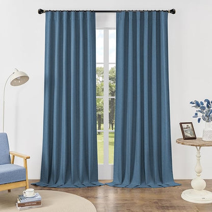 DUALIFE 100% Blackout Linen Blue Curtains for Bedroom 84 Inches Long,Back Tab/Rod Pocket Living Room Drapes,Thermal Insulated Textured Black Out Curtains 2 Panels Set,50" W x 84" L,Classic Blue