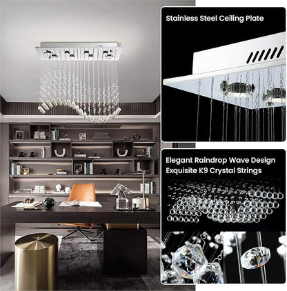 Siljoy 8-Light Modern Wave Raindrop Crystal Chandelier, Luxury Chrome Rectangular Flush Mount Crystal Pendant Ceiling Light for Dining Living Room Kitchen Island L31.5'' x W12'' x H28''