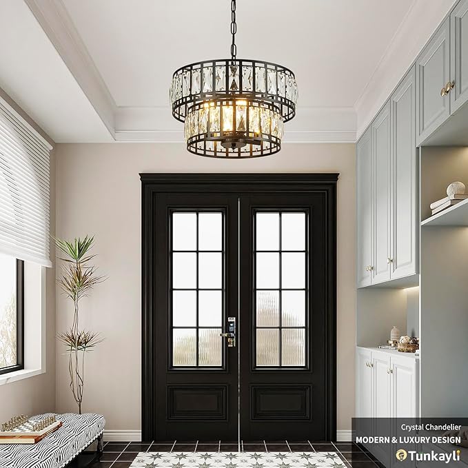 Dining Room Chandeliers K9 Crystal Black Metal Chandelier Modern 2-Tier Drum Farmhouse 16in Contemporary Round Light Fixture for Bedroom Entryway Kitchen Island Living Room