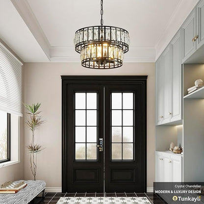 Dining Room Chandeliers K9 Crystal Black Metal Chandelier Modern 2-Tier Drum Farmhouse 16in Contemporary Round Light Fixture for Bedroom Entryway Kitchen Island Living Room