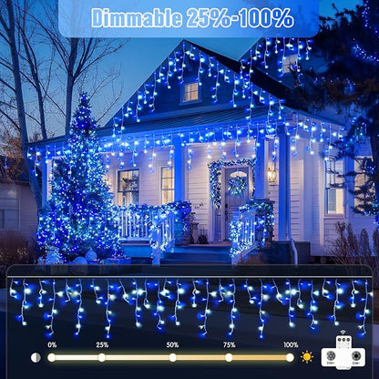 JMEXSUSS Blue&White Icicle Lights - 38.8FT 400 LED Icicle String Lights with Remote for Indoor/Outdoor, House, Bedroom, Fireplace, Birthday, Christmas Decorations
