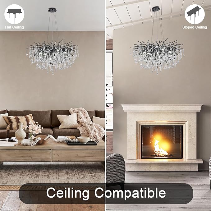 Chandeliers for Dining Room - 31.5" Modern Black Crystal Chandelier, Round Tree Branch Raindrop Chandelier, Foyer Chandeliers for Entryway, Living Room,Bedrooms,Bathroom(Bulb not Included)