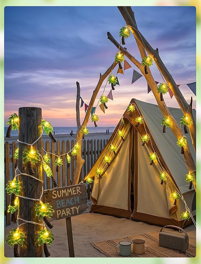 Palm Tree String Lights Outdoor, Summer Beach Themed Decoratives String Lights with 10 Palm Tree Patio Light, Plug in Indoor Fairy Lights for Outdoor Indoor Beach Tropical Party Bedroom Birthday Decor