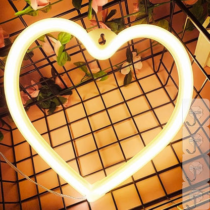 LED Light Neon Sign Room Decor - Yellow Night Light for Valentines Day - Hanging USB/Battery Operated Heart Lights for Window (Warm White)
