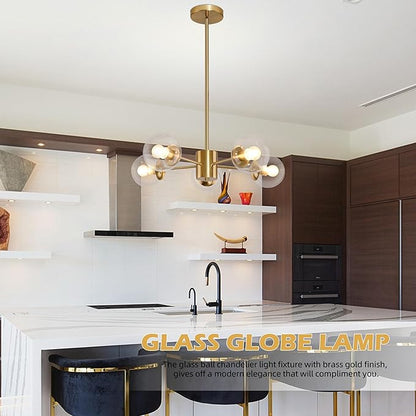 Bagood 5-Light Globe Sputnik Chandelier Gold Mid Century Sputnik Chandeliers Dimmable Globe Pendant Light Brushed Brass Finished with Clear Glass Lampshade Chandeliers for Dining Room Bedroom