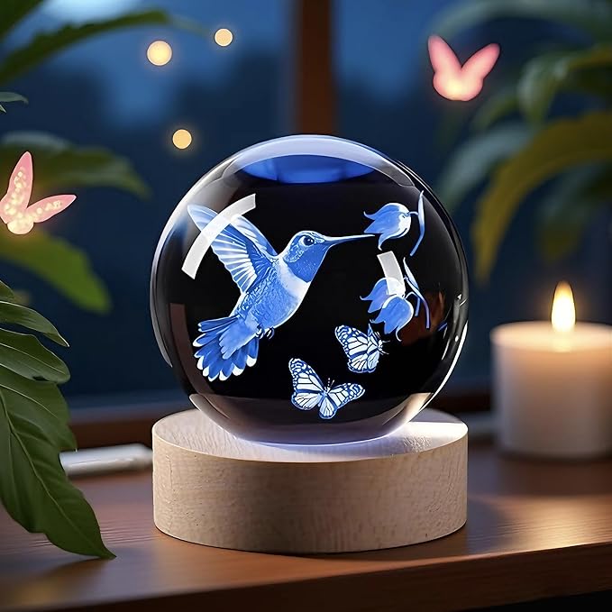 3D Hummingbird Crystal Ball Gifts for Women Men Laser Engraved Glass Sphere Animals Figurine Home Decor, Birthday, Christmas,Graduation Gift for Friends,Lovers Keepsake Paperweight