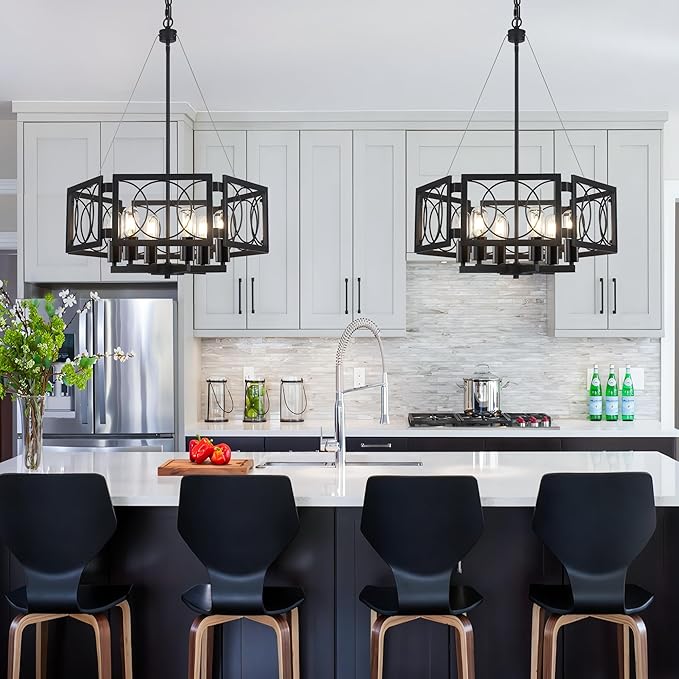 22.83'' Black Farmhouse Chandelier for Dining Room, Large Modern Industrial Geometric Pendant Lighting Fixture Adjustable Hanging Lights for Kitchen Island Foyer Hallway