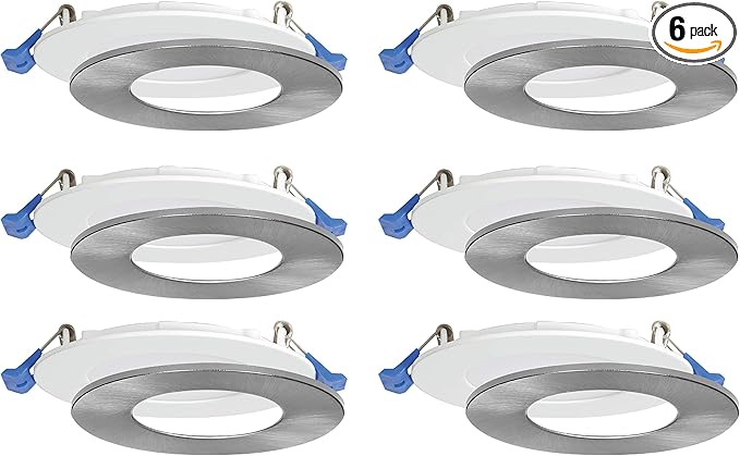 Nadair, 4’’ LED Recessed Ultra Slim Lights, 6-Pack, IC Rated, Dimmable, 9W=75W, 900 Lumens, 3000K (Warm White), Large Junction Box, Quick Connect System, White Finish, Brushed Nickel Trim Included