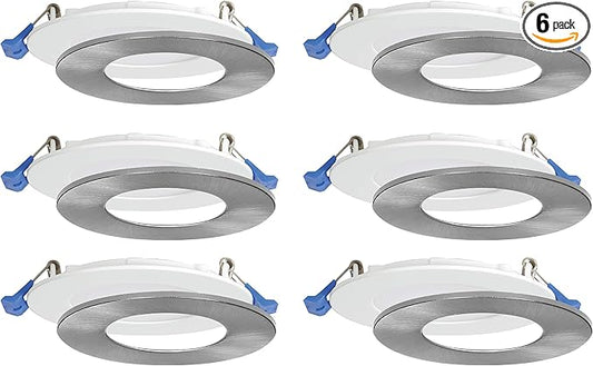Nadair, 4’’ LED Recessed Ultra Slim Lights, 6-Pack, IC Rated, Dimmable, 9W=75W, 900 Lumens, 3000K (Warm White), Large Junction Box, Quick Connect System, White Finish, Brushed Nickel Trim Included