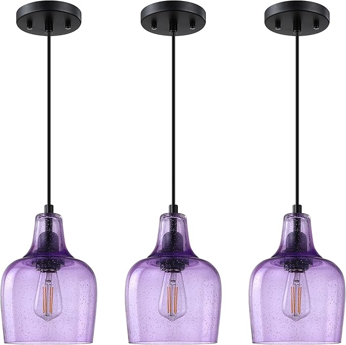 3 Pack 1 Light Hanging Indoor Kitchen Island Pendant Light 6.1" Seeded Purple Glass Pendant Ceiling Light Fixtures Black Finish Modern Farmhouse Dinning Over Sink