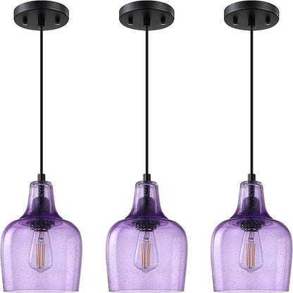 3 Pack 1 Light Hanging Indoor Kitchen Island Pendant Light 6.1" Seeded Purple Glass Pendant Ceiling Light Fixtures Black Finish Modern Farmhouse Dinning Over Sink