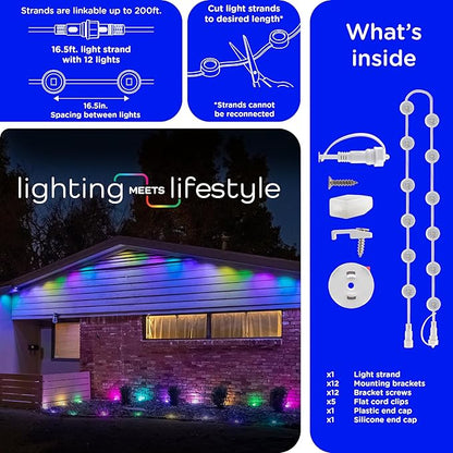 Enbrighten Vibe Eternity Permanent Outdoor Lights Extension Only, 16.5ft with 12 RGBWIC LEDs, Not for Standalone Use, Enbrighten 50ft or 100ft Eternity Lights Needed, Extendable up to 200ft, 81104