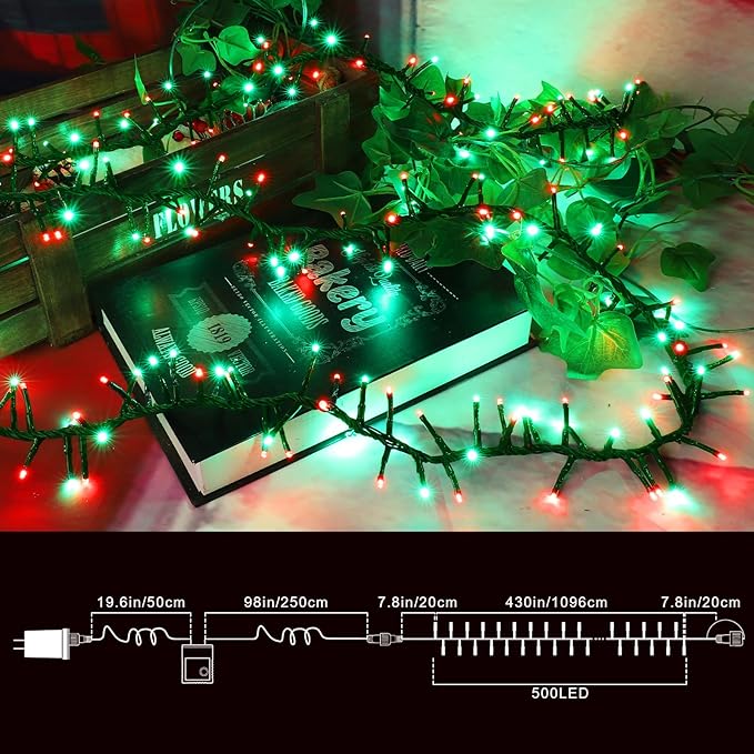 LAMPHOME 500 LED Red & Green String Lights, 46ft 16 Modes Plug in Christmas Lights, Waterproof Connectable Color Changing Cluster Lights for Indoor Outdoor Party Holiday Decor