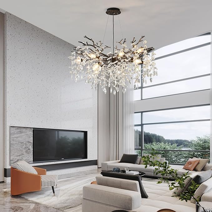 EGM Tree Branch Crystal Chandelier, 32 Inch Living Room Black Crystal Chandelier 10-Light(E12), Hanging Branch Chandeliers for Dining Room Bedroom Foyer