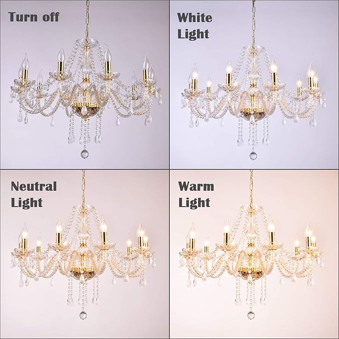 K9 Crystal Candle Chandeliers Lighting 10 Lights Pendant Ceiling Fixture Lamp for Dining Living Room Bedroom Hallway Entry Elegant Decoration (10 Bulbs)