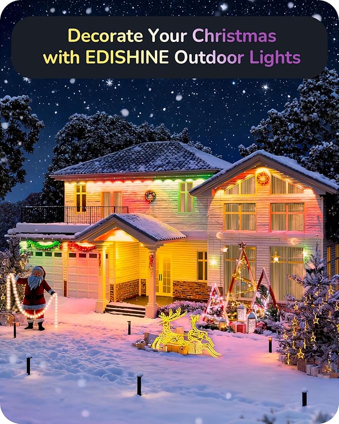 EDISHINE 100FT Cuttable Permanent Outdoor Lights for House, 60 RGBIC LED Eave Lights, APP/Voice/Remote Control, 111+ Scene Modes Outdoor Smart Lights, IP67 Waterproof for Party & Holiday Decor
