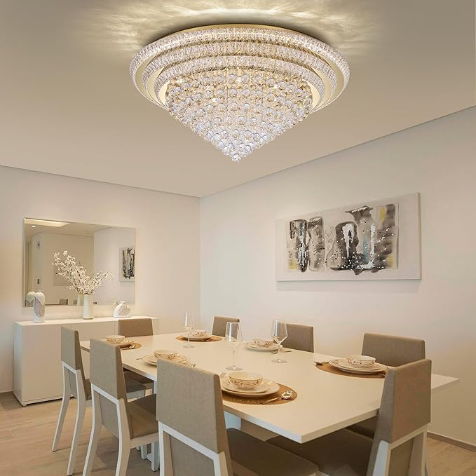 COCOSTAR 40" Gold Crystal Chandeliers, Flush Mount Chandelier LED Ceiling Light, Modern Crystal Raindrop Chandeliers for Dining Room, Living Room, Bedroom