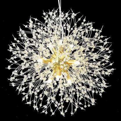Qamra Modern Gold Crystal Chandeliers, Firework Dandelion Sputnik Chandelier Light Fixture Pendant Lighting for Dining Room, Bedroom, Kitchen, Living Room(9-Light, Gold)