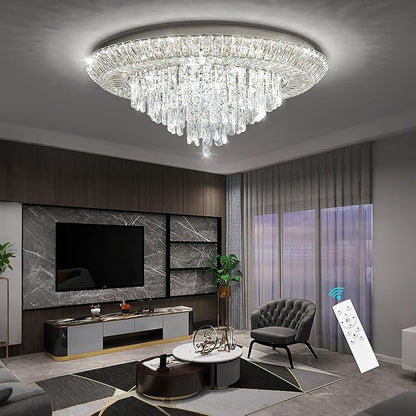 Modern Silver Crystal Chandelier LED Ceiling Light Fixture Raindrop Chandeliers Dimmable Lighting for Living Room Dining Room Entryway Bedroom