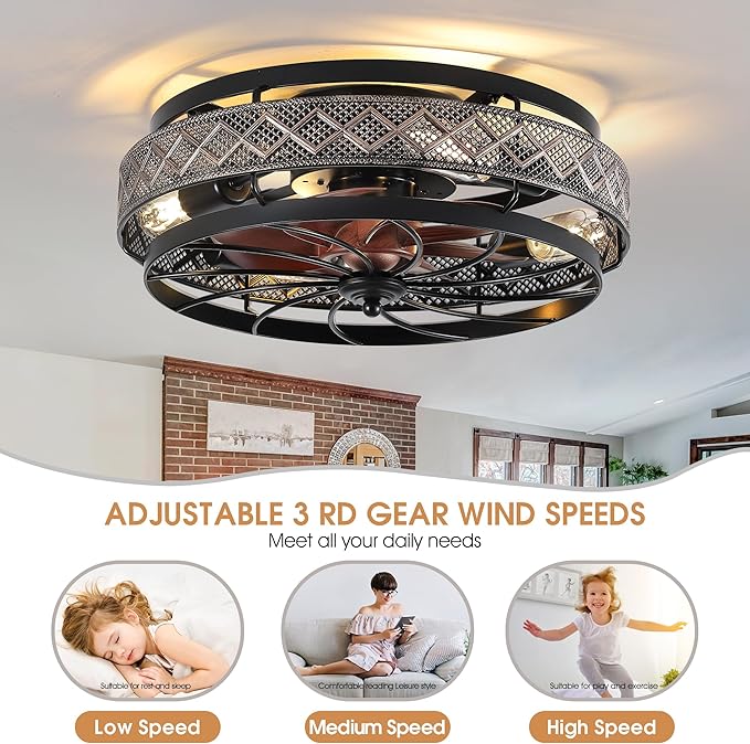SHIHOT 18" Low Profile Caged Ceiling Fans with Lights and Remote, Flush Mount Ceiling Fan with Light, Bedroom Fan, Small Industrial Black Ceiling Light Fixture, Reversible(Bulbs Not Included)