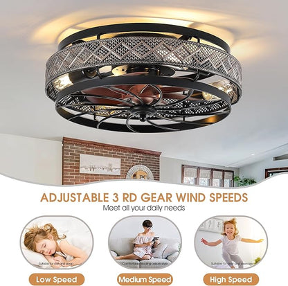 SHIHOT 18" Low Profile Caged Ceiling Fans with Lights and Remote, Flush Mount Ceiling Fan with Light, Bedroom Fan, Small Industrial Black Ceiling Light Fixture, Reversible(Bulbs Not Included)