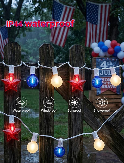 19Ft 4th of July Lights Outdoor, Waterproof Red White and Blue String Lights Plug in Connectable for Patriotic Porch Bistro Backyard Party Independence Day Decorations, E12/C7 Base Lights