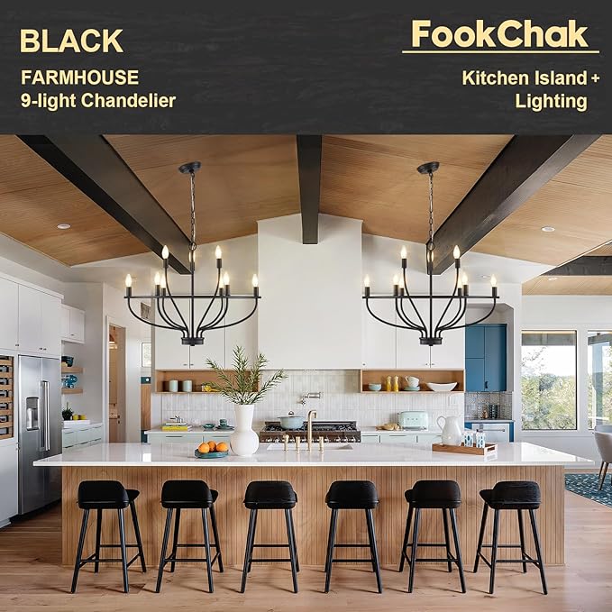 9-Light Black Chandelier Light Fixture Classic Candle Chandelier Lighting Over Table for Dining Room Living Room Bedroom Foyer Kitchen Island, 28.54in, E12