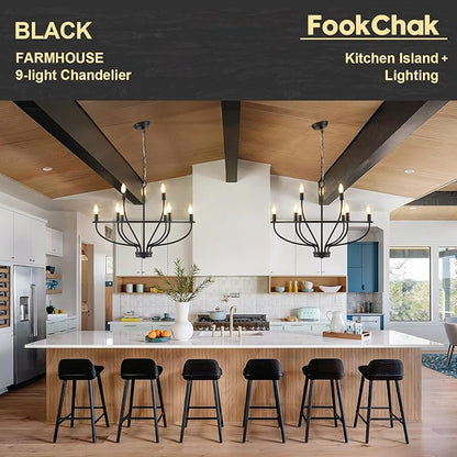 9-Light Black Chandelier Light Fixture Classic Candle Chandelier Lighting Over Table for Dining Room Living Room Bedroom Foyer Kitchen Island, 28.54in, E12
