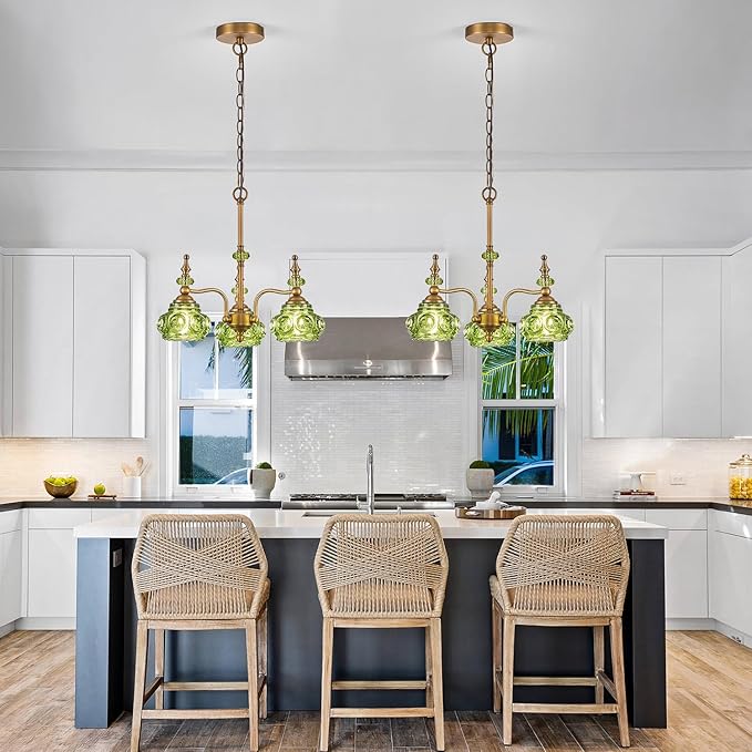 3-Light Green Pendant Lighting Fixtures Vintage Brass Pendant Light for Bedroom Kitchen Island Dining Room Living Room