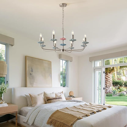 Brushed Nickel Chandeliers for Dining Room Light Fixture Over Table,8-Light Art Deco Chandelier, Modern Vintage Chandelier with Ceramic,Farmhouse Chandelier for Girls Bedroom,Living Room