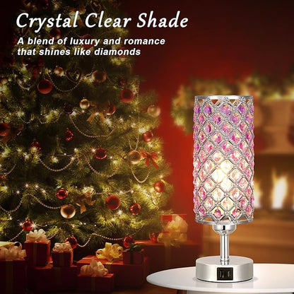 Hong-in Purple Lamp for Girls Room-Crystal Touch Lamp with USB-C+A Ports,3 Way Dimmable Bedside Light with Crystal Shade for Bedroom Home Office