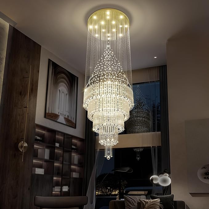 Flashing God 40''x 90'' Gold Large Crystal Chandelier LED Dimming 5-Tier High Ceiling Pendant Light Raindrop Chandeliers for Foyer Staircase Living Room Entryway