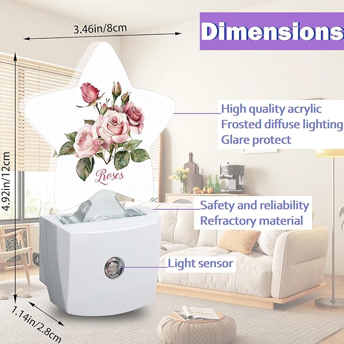 Night Lights Plug Into Wall Decorative,Retro Rose Flower Nightlights for Kids Bedroom, Pink Floral Energy Efficient Dusk-to-Dawn Sensor Sleep Friendly Lamp for Nursery Bathroom