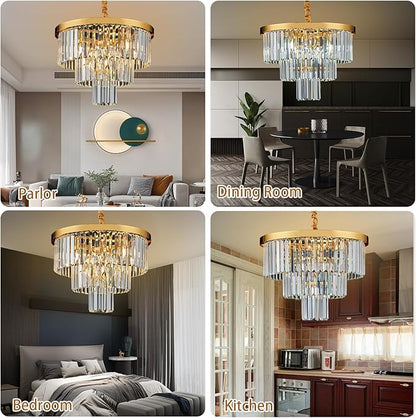 Gold Crystal Chandelier 20" Modern Chandelier 3 Tiers 6 Lights Pendant Lighting Crystal Ceiling Light Round Chandelier for Dining Room Kitchen Island Living Room Entryway Bedroom Office