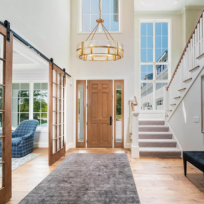 Gold Glass Chandelier for Dining Room, 28" Modern Large Glass Drum Chandelier Entryway Light Fixture, Farmhouse Hanging Pendant Light for High Ceiling Foyer Living Room Kitchen