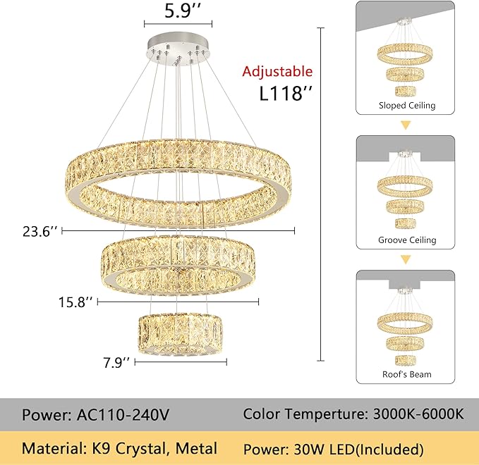 Modern Crystal Chandelier 36W Dimmable LED Ceiling Light Fixture with Remote Luxury Adjustable Pendant Light for Living Room Dining Room Silver