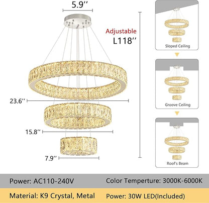 Modern Crystal Chandelier 36W Dimmable LED Ceiling Light Fixture with Remote Luxury Adjustable Pendant Light for Living Room Dining Room Silver